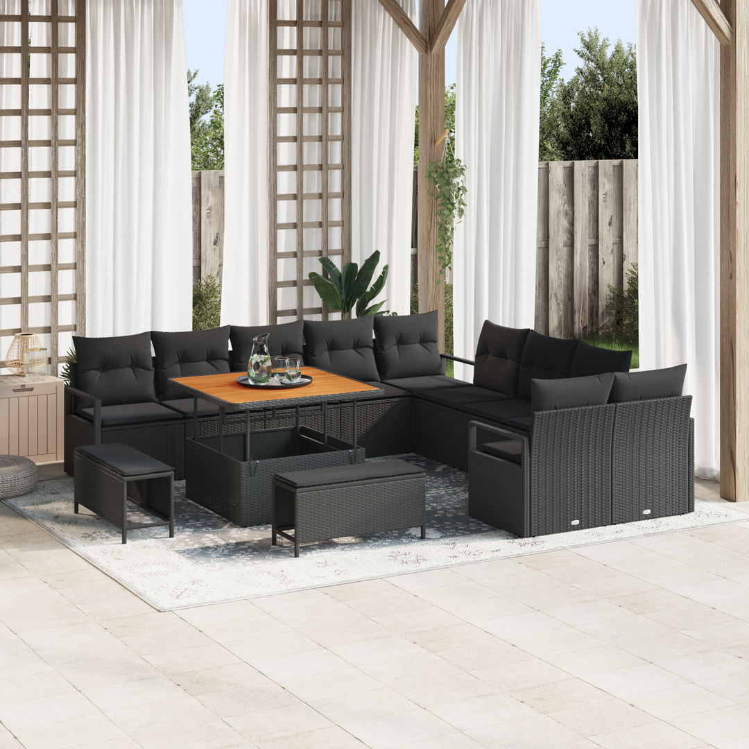 Havesofa Sæt 13 pcs Sort Polyrattan, stål og massivt akacietræ