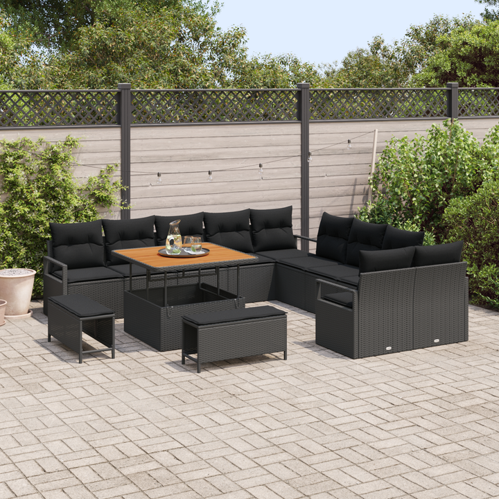 Havesofa Sæt 13 pcs Sort Polyrattan, stål og massivt akacietræ