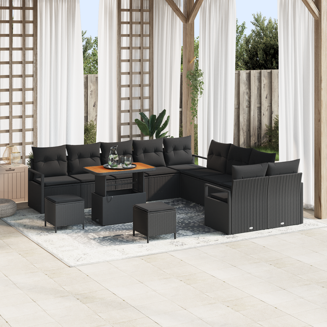 Havesofa Sæt 13 pcs Sort Polyrattan, stål og massivt akacietræ