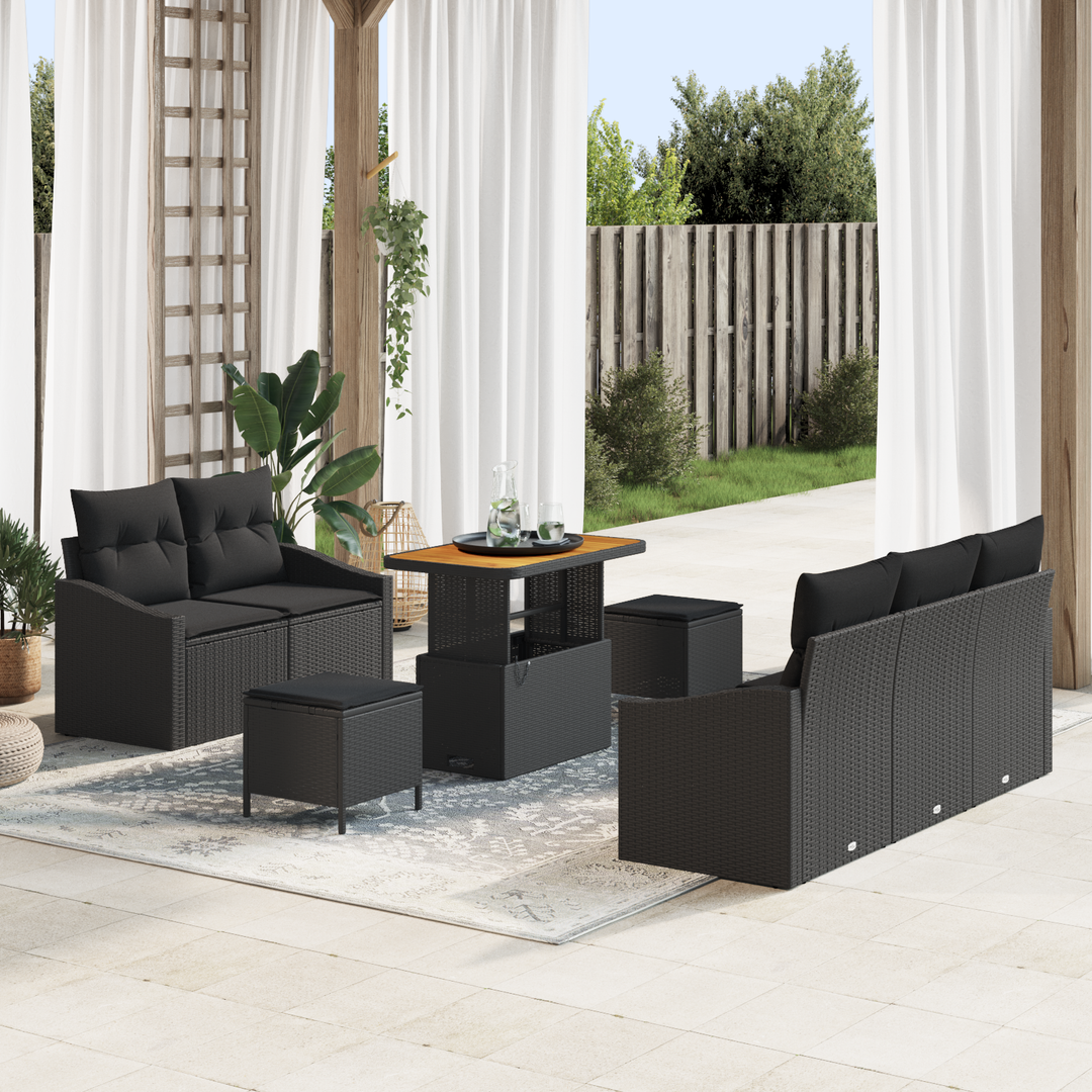 Havesofa Sæt 8 pcs Sort Polyrattan, stål og massivt akacietræ