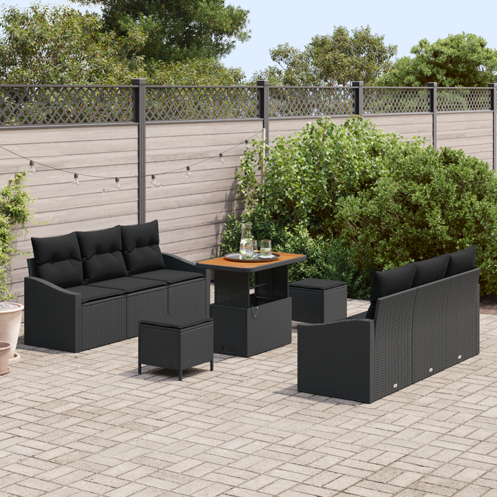 Havesofa Sæt 9 pcs Sort Polyrattan, stål og massivt akacietræ