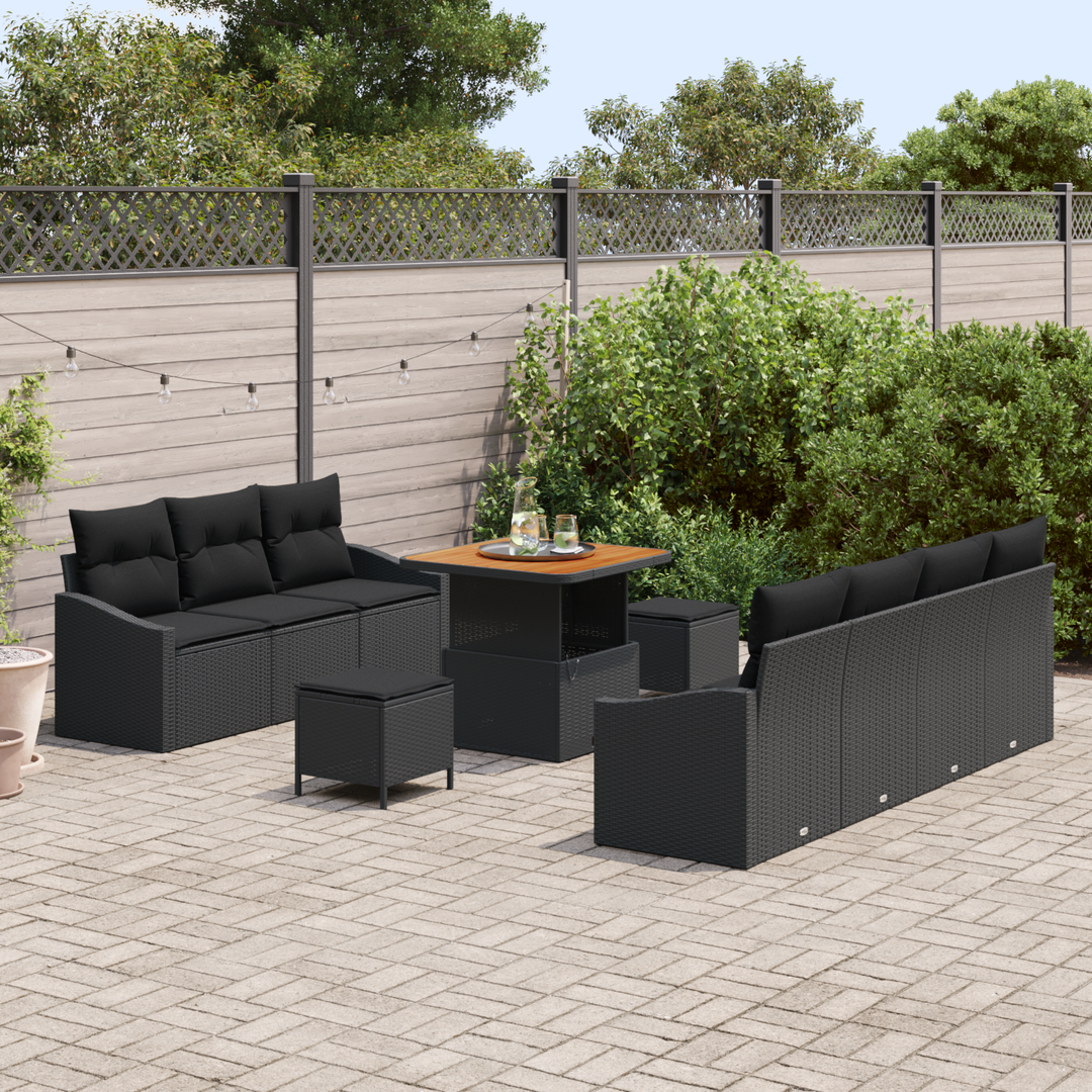 Havesofa Sæt 10 pcs Sort Polyrattan, stål og massivt akacietræ