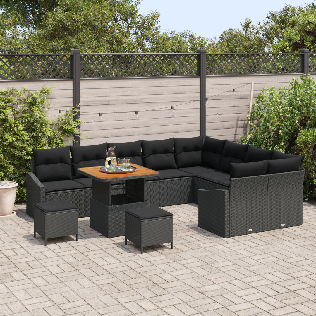 Havesofa Sæt med pude med opbevaring 12 pcs Sort Poly rattan
