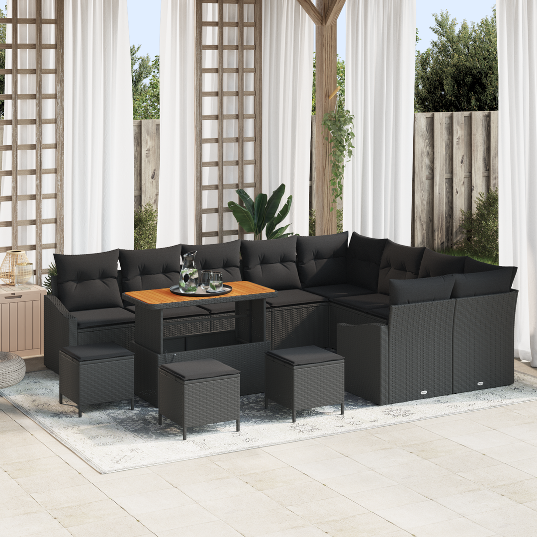 Havesofa Sæt med pude med opbevaring 13 pcs Sort Poly rattan