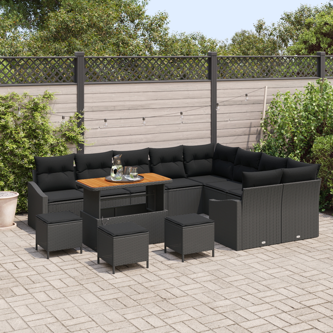 Havesofa Sæt med pude med opbevaring 13 pcs Sort Poly rattan