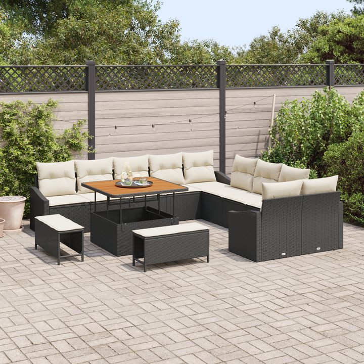 Havesofa Sæt med pude med opbevaring 13 pcs Sort Poly rattan