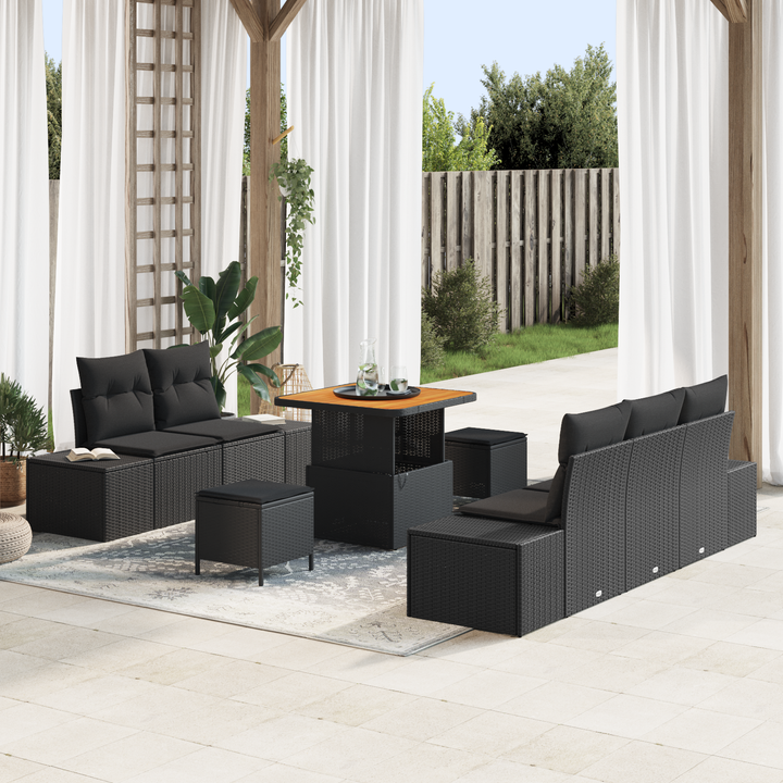 Havesofa Sæt med pude med opbevaring 8 pcs Sort Poly rattan