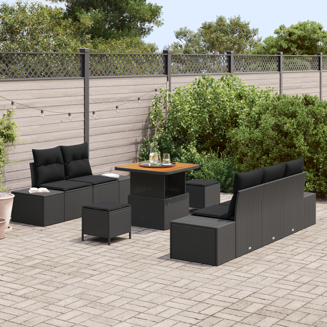 Havesofa Sæt med pude med opbevaring 8 pcs Sort Poly rattan