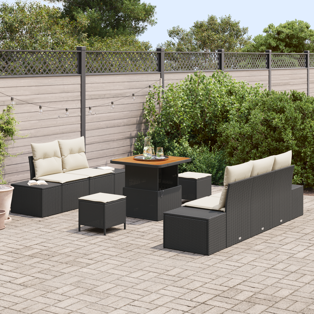 Havesofa Sæt med pude med opbevaring 8 pcs Sort Poly rattan