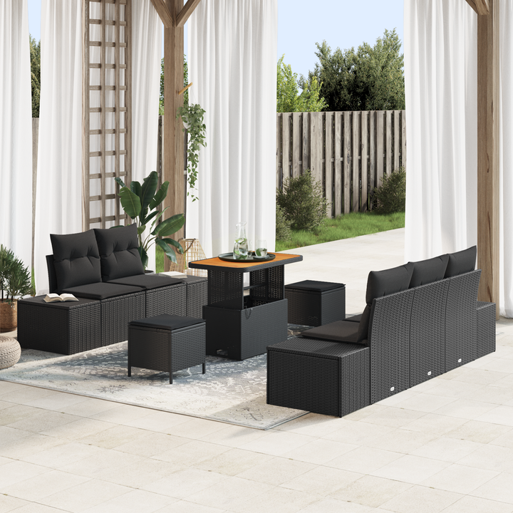 Havesofa Sæt med pude med opbevaring 8 pcs Sort Poly rattan