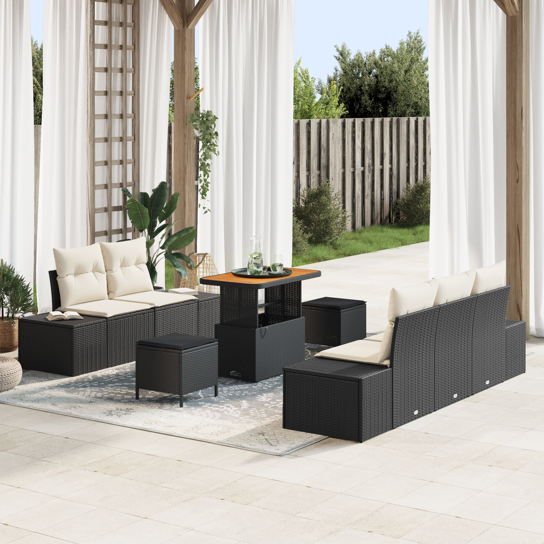 Havesofa Sæt med pude med opbevaring 8 pcs Sort Poly rattan
