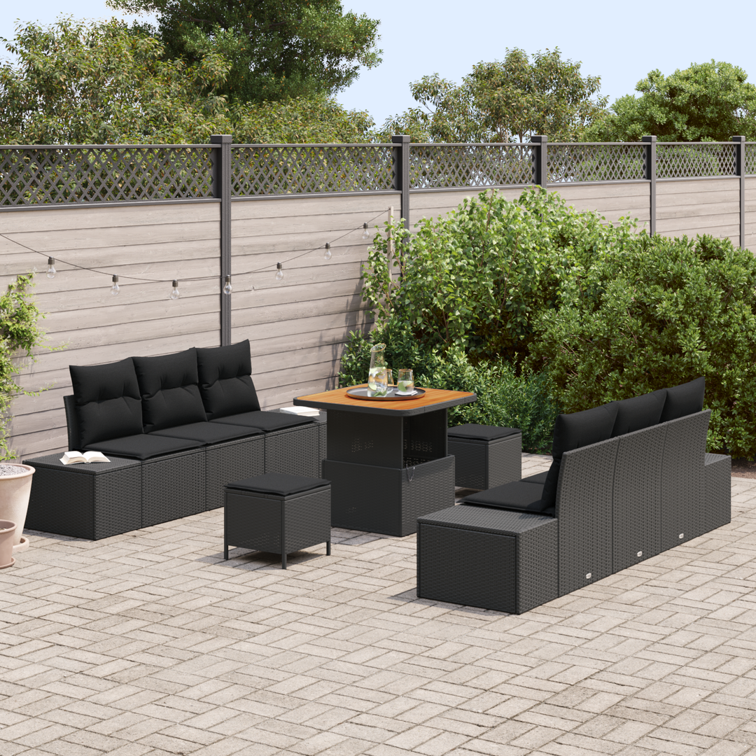 Havesofa Sæt med pude med opbevaring 9 pcs Sort Poly rattan