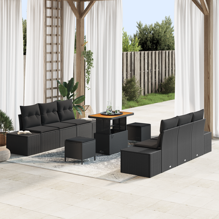 Havesofa Sæt med pude med opbevaring 9 pcs Sort Poly rattan