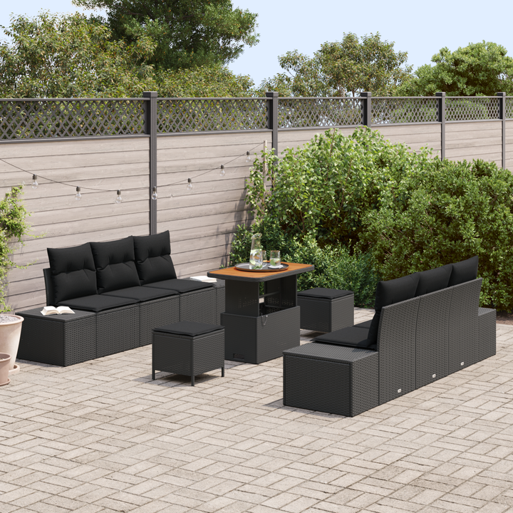 Havesofa Sæt med pude med opbevaring 9 pcs Sort Poly rattan