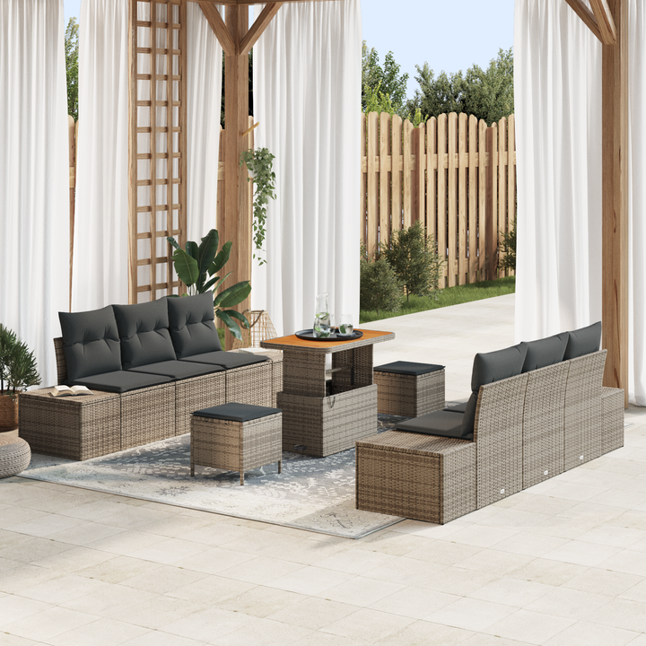 Havesofa Sæt med pude med opbevaring 9 pcs Grå Poly rattan