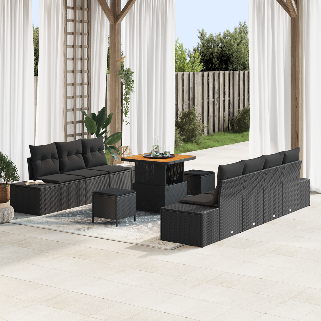 Havesofa Sæt med pude med opbevaring 10 pcs Sort Poly rattan