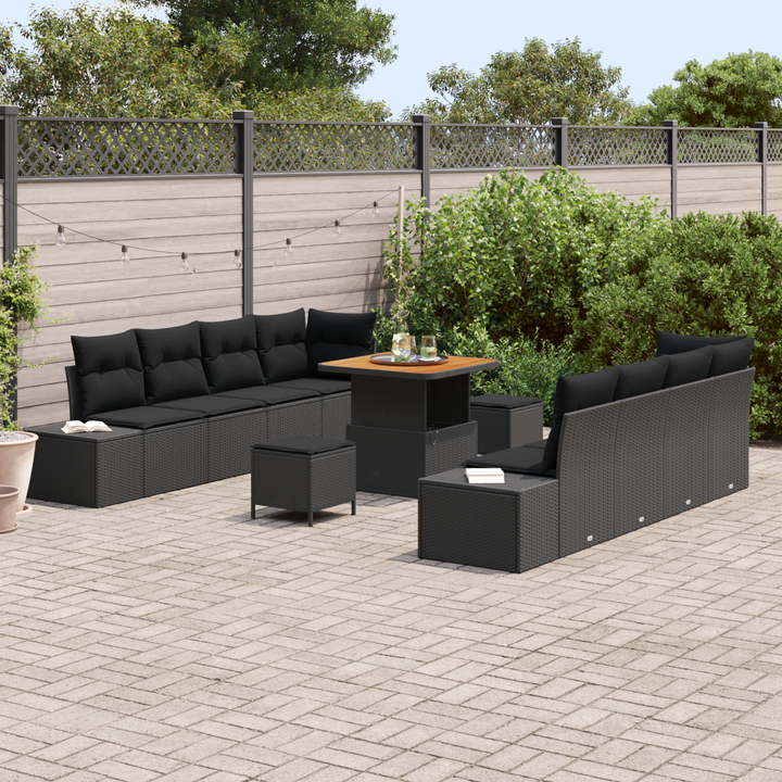 Havesofa Sæt med pude med opbevaring 11 pcs Sort Poly rattan