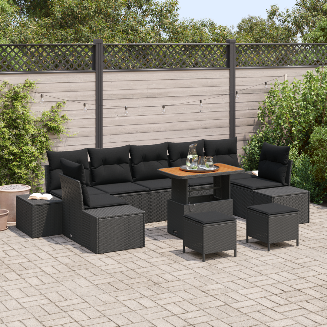 Havesofa Sæt med pude med opbevaring 10 pcs Sort Poly rattan