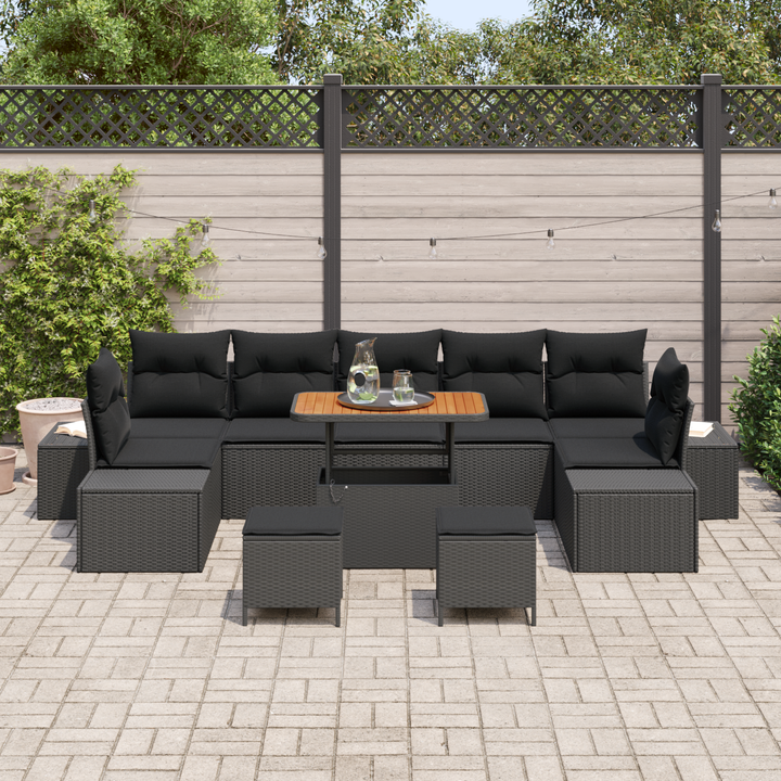 Havesofa Sæt med pude med opbevaring 10 pcs Sort Poly rattan