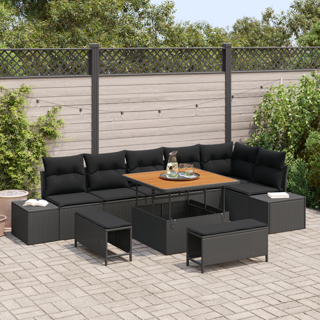 Havesofa Sæt med pude med opbevaring 9 pcs Sort Poly rattan