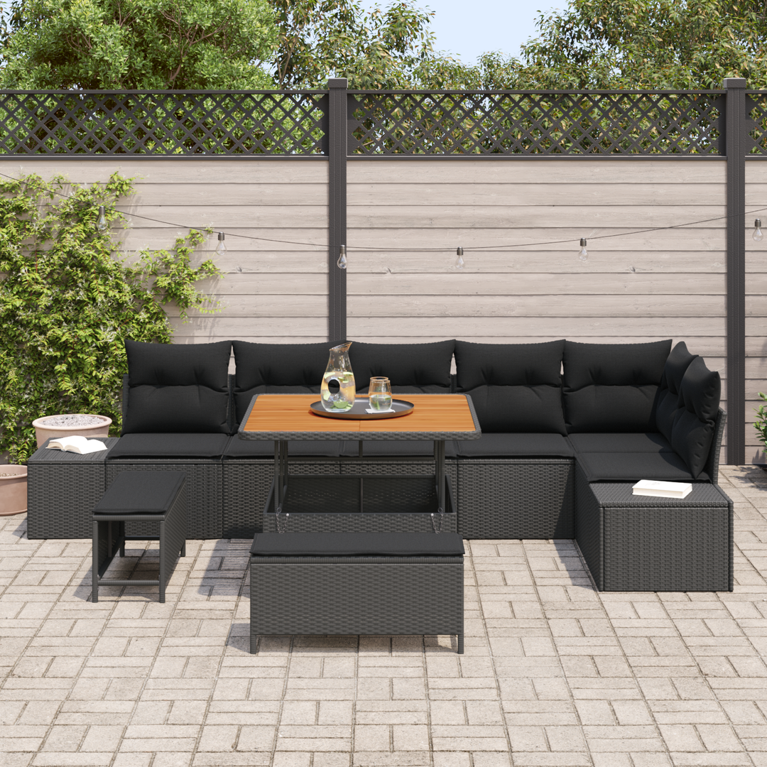 Havesofa Sæt med pude med opbevaring 9 pcs Sort Poly rattan