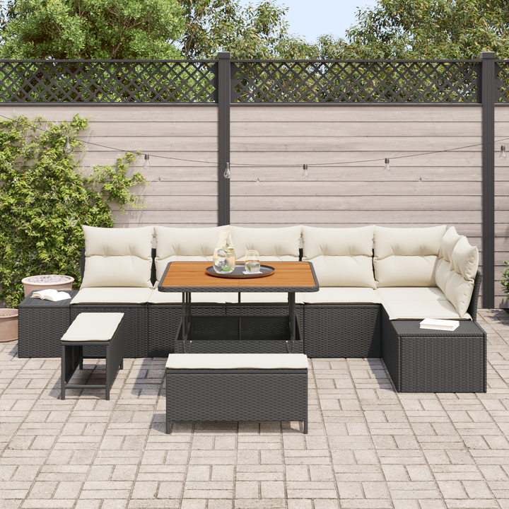 Havesofa Sæt med pude med opbevaring 9 pcs Sort Poly rattan
