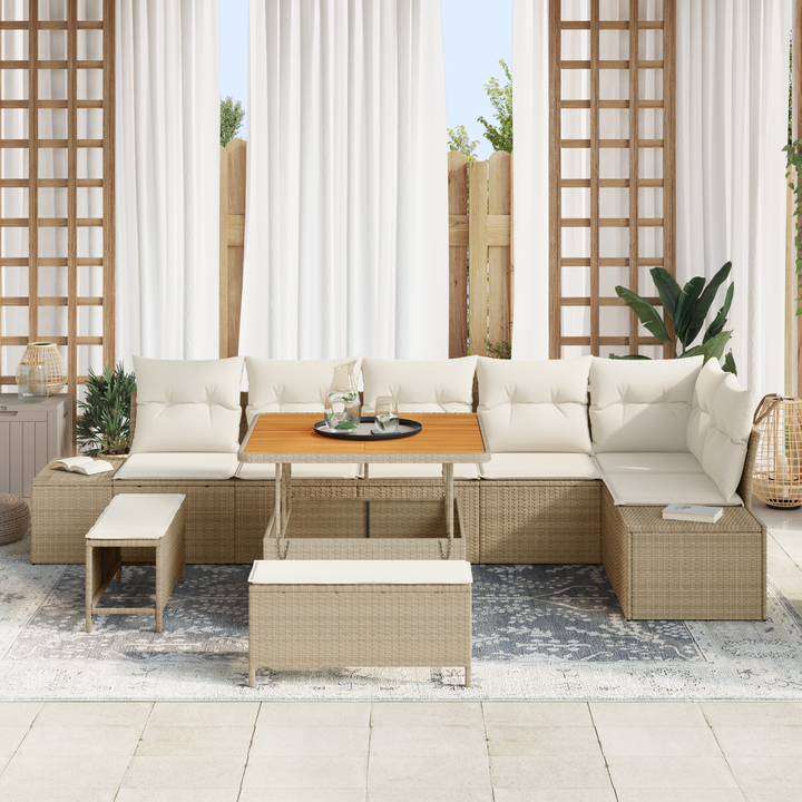 Havesofa Sæt med pude med opbevaring 9 pcs Beige Poly rattan