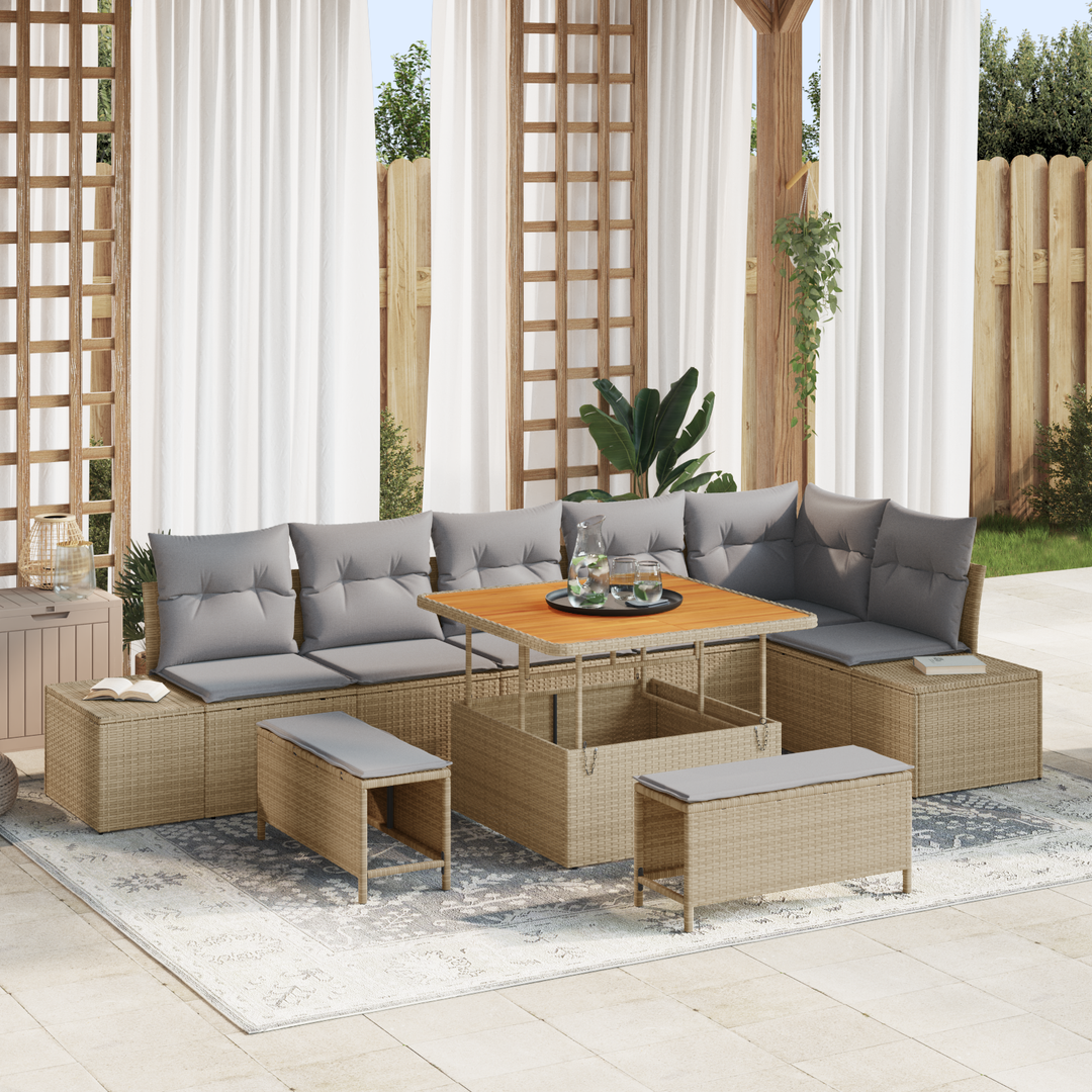 Havesofa Sæt med pude med opbevaring 9 pcs Beige Poly rattan