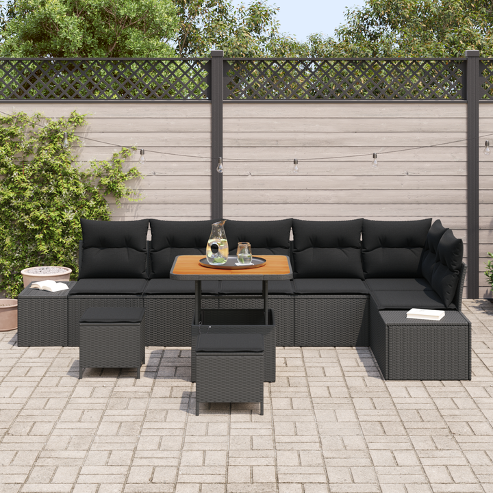 Havesofa Sæt med pude med opbevaring 9 pcs Sort Poly rattan