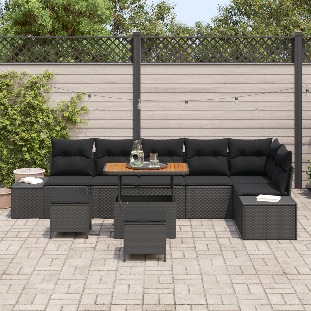 Havesofa Sæt med pude med opbevaring 9 pcs Sort Poly rattan
