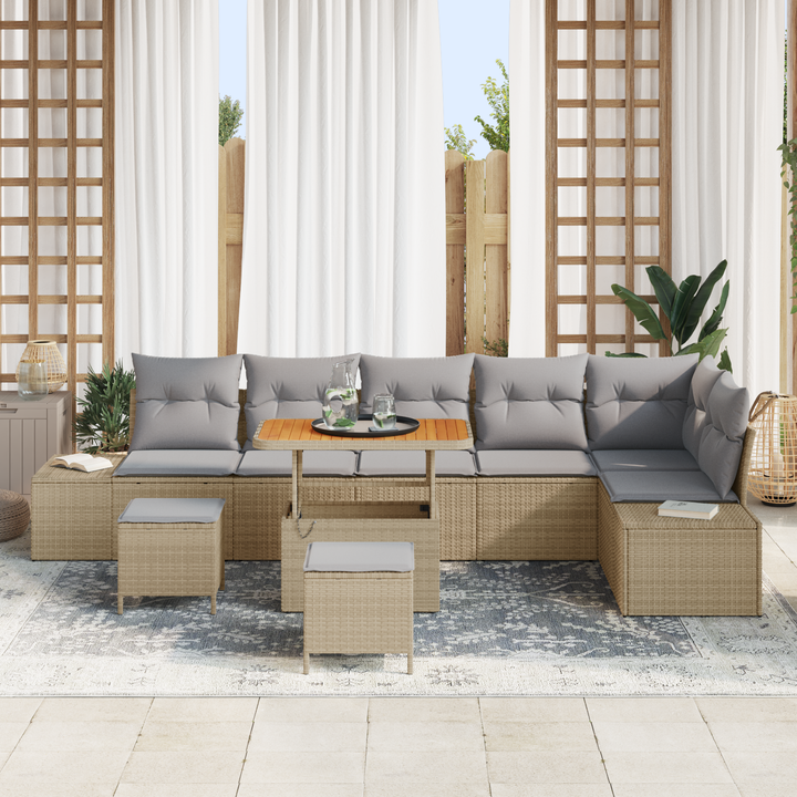 Havesofa Sæt med pude med opbevaring 9 pcs Beige Poly rattan