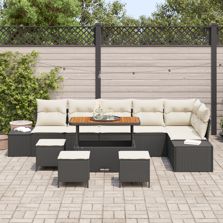 Havesofa Sæt med pude med opbevaring 10 pcs Sort Poly rattan