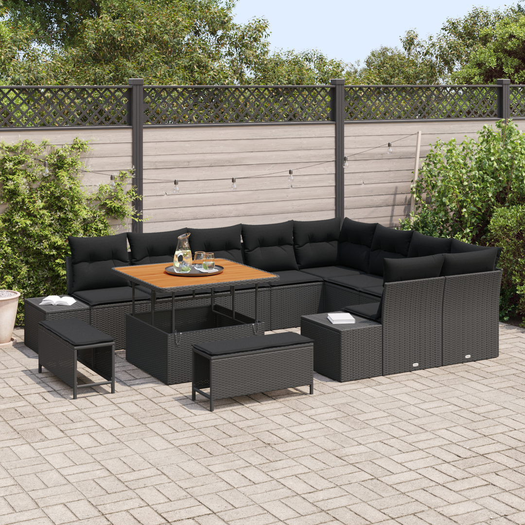 Havesofa Sæt med pude med opbevaring 12 pcs Sort Poly rattan