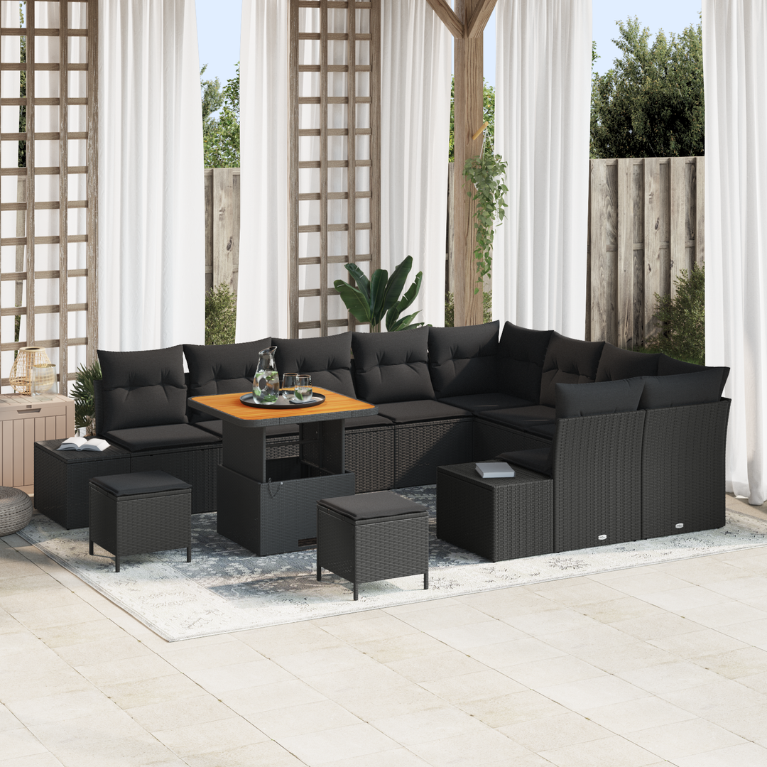 Havesofa Sæt med pude med opbevaring 12 pcs Sort Poly rattan