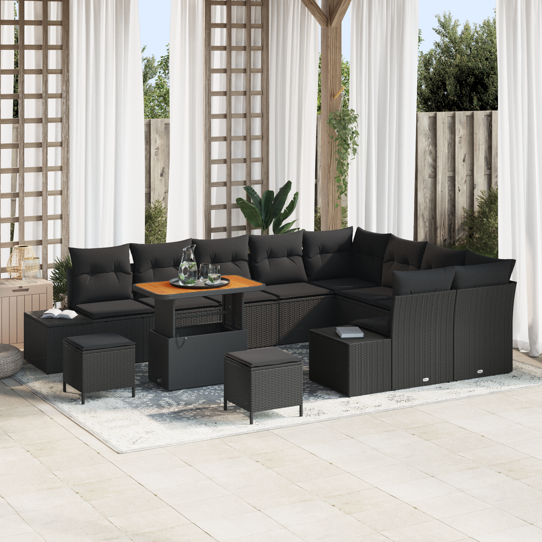 Havesofa Sæt med pude med opbevaring 12 pcs Sort Poly rattan