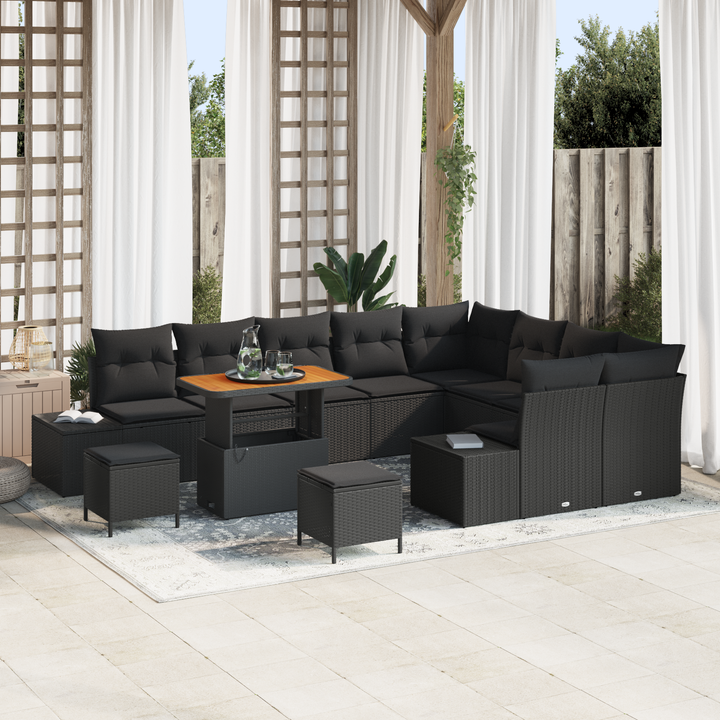 Havesofa Sæt med pude med opbevaring 12 pcs Sort Poly rattan