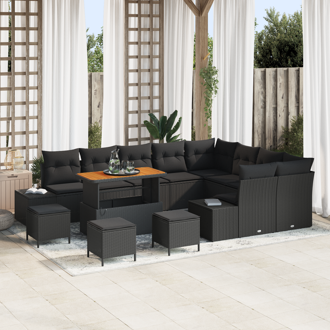 Havesofa Sæt med pude med opbevaring 13 pcs Sort Poly rattan