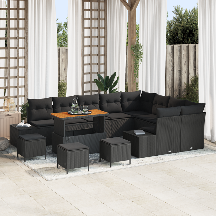 Havesofa Sæt med pude med opbevaring 13 pcs Sort Poly rattan