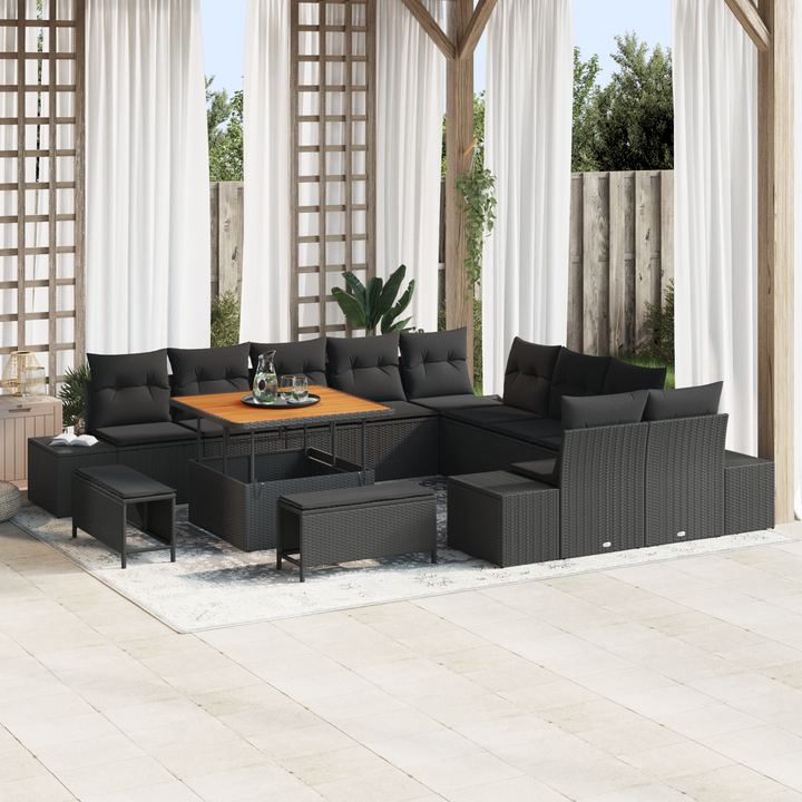 Havesofa Sæt med pude med opbevaring 13 pcs Sort Poly rattan