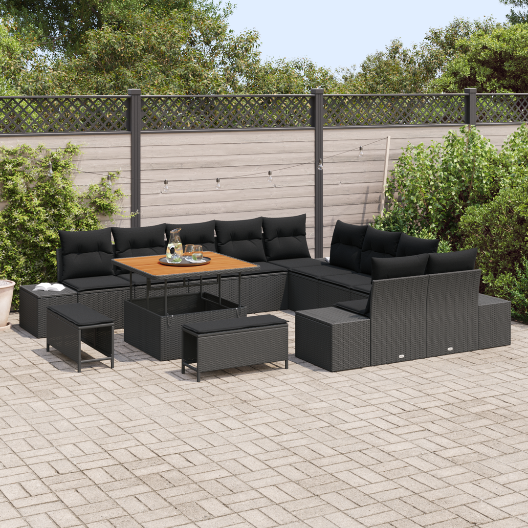 Havesofa Sæt med pude med opbevaring 13 pcs Sort Poly rattan