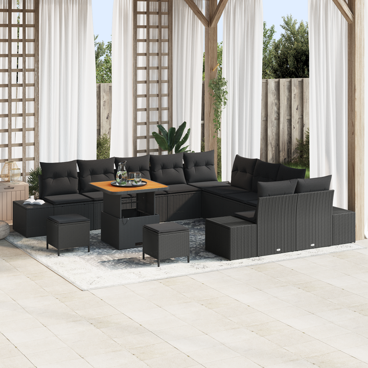 Havesofa Sæt med pude med opbevaring 13 pcs Sort Poly rattan