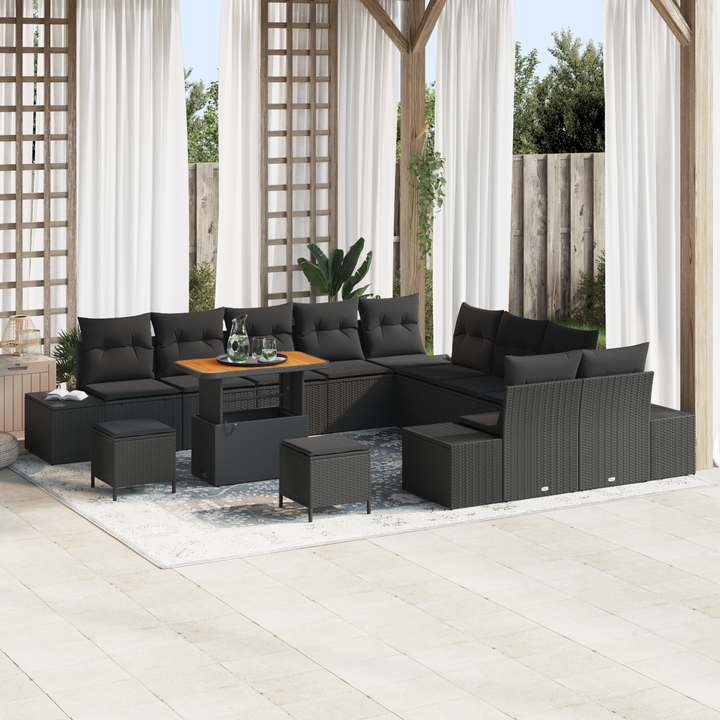 Havesofa Sæt med pude med opbevaring 13 pcs Sort Poly rattan