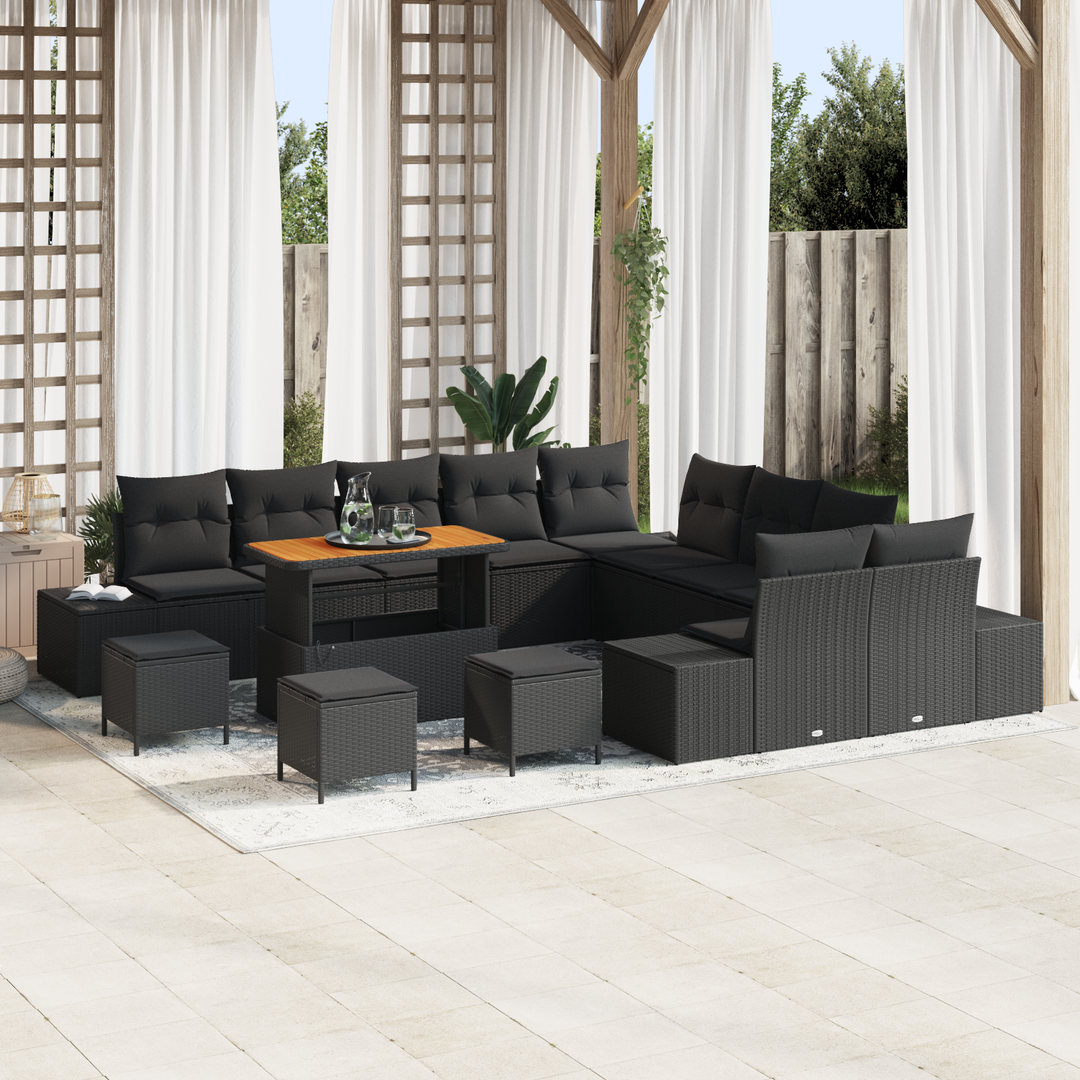 Havesofa Sæt med pude med opbevaring 14 pcs Sort Poly rattan