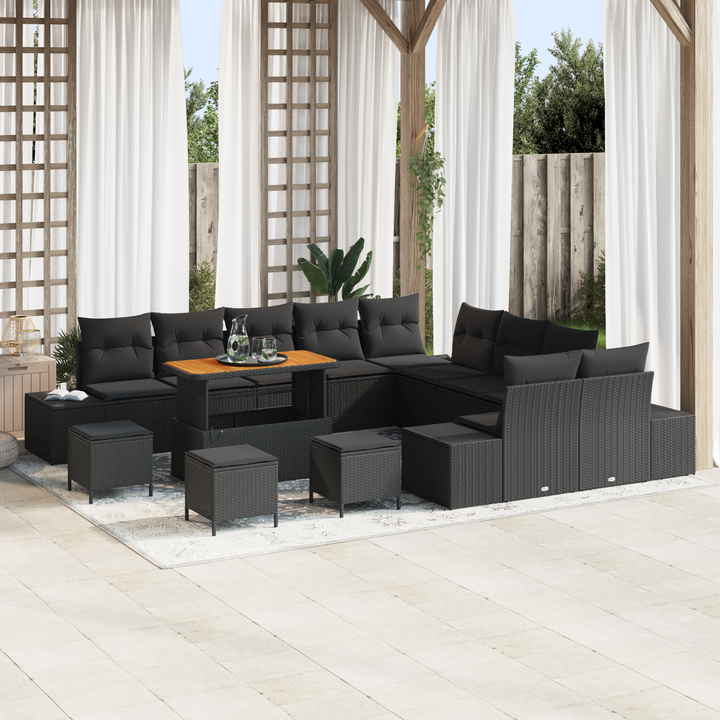 Havesofa Sæt med pude med opbevaring 14 pcs Sort Poly rattan