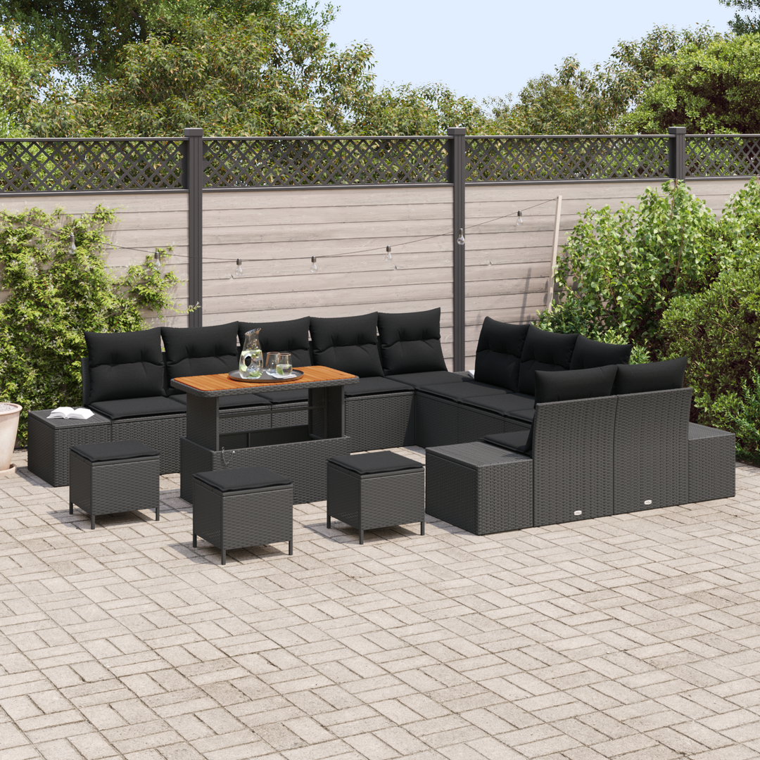 Havesofa Sæt med pude med opbevaring 14 pcs Sort Poly rattan