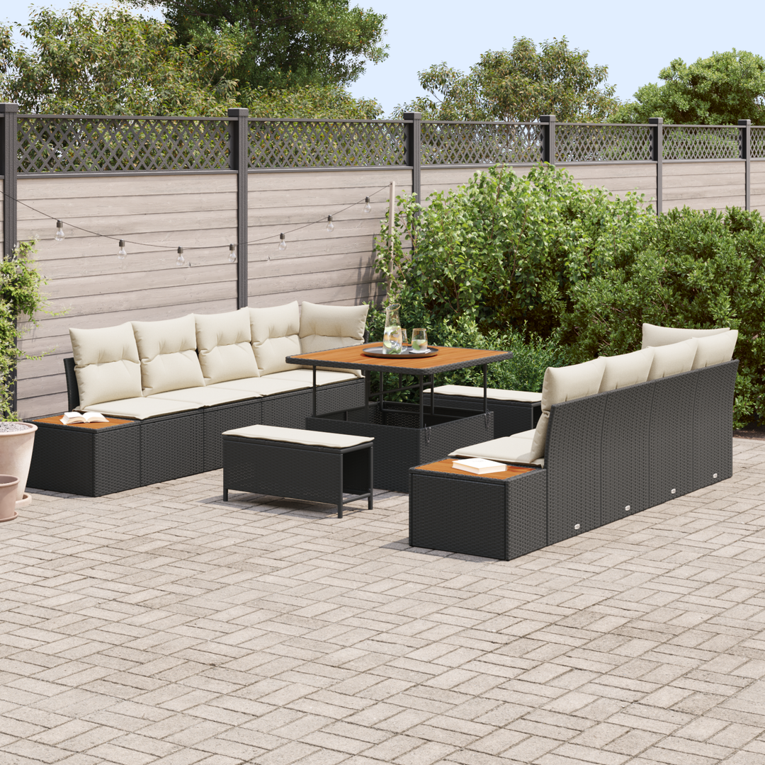 Havesofa Sæt med pude med opbevaring 11 pcs Sort Poly rattan
