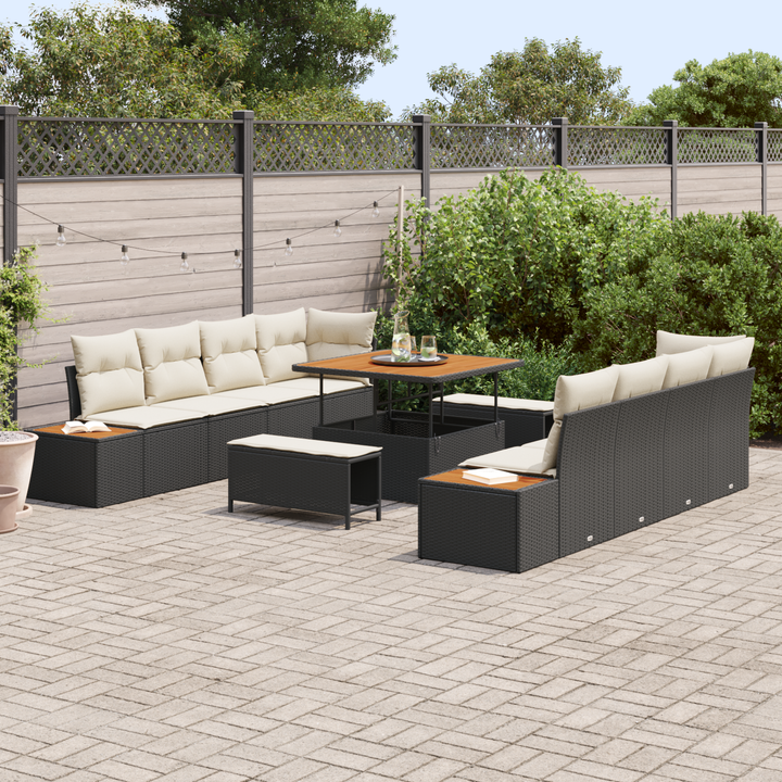 Havesofa Sæt med pude med opbevaring 11 pcs Sort Poly rattan