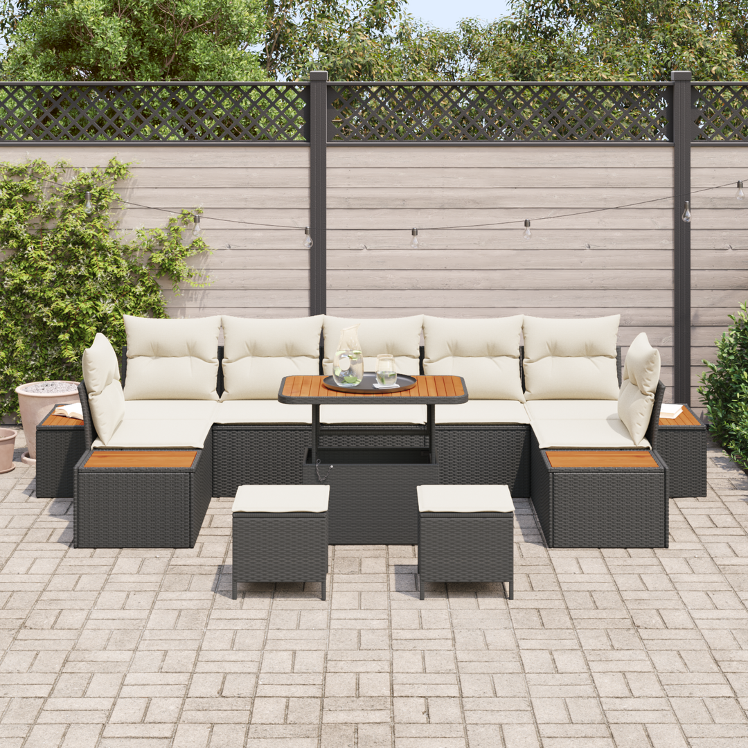 Havesofa Sæt med pude med opbevaring 10 pcs Sort Poly rattan