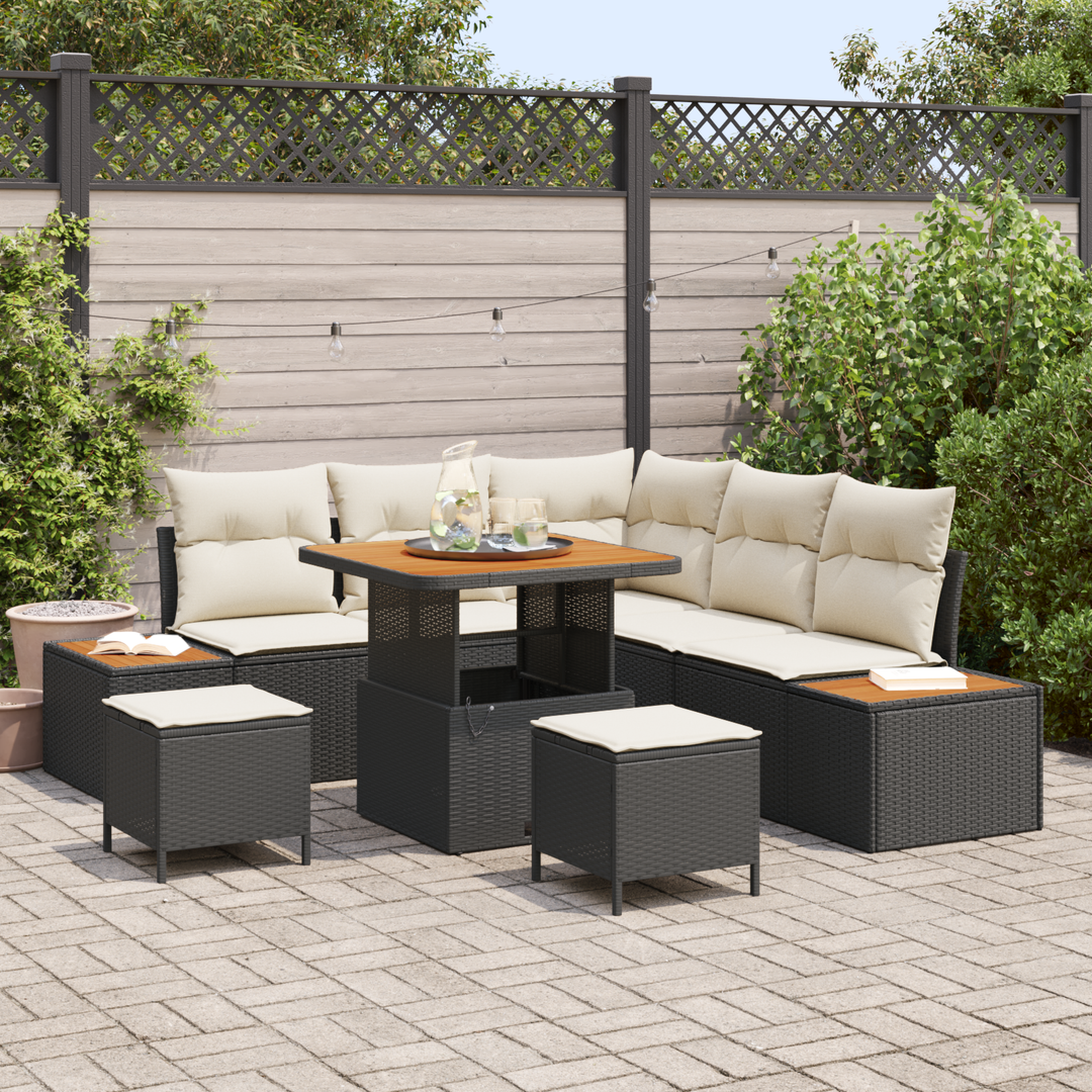 Havesofa Sæt med pude med opbevaring 8 pcs Sort Poly rattan