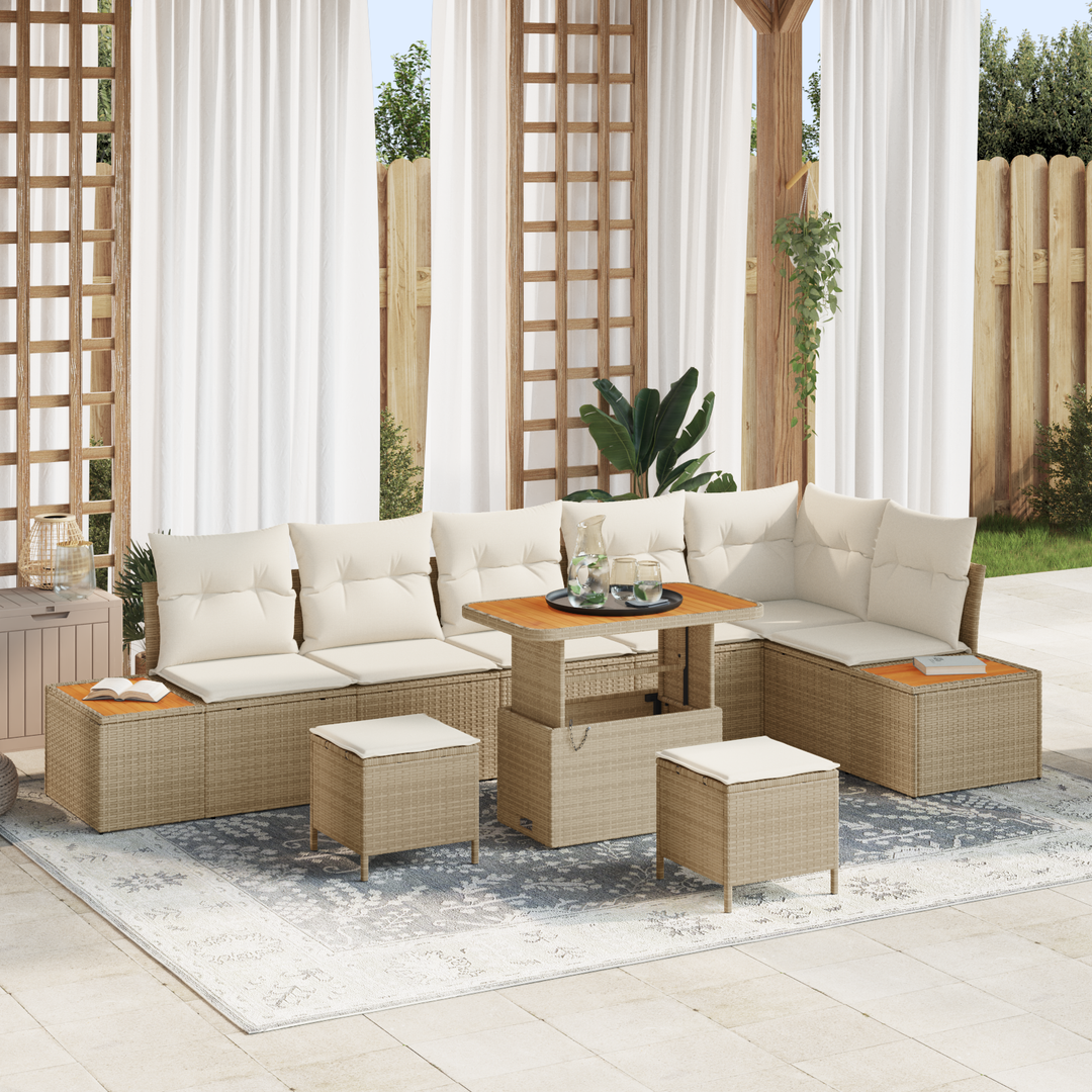 Havesofa Sæt med pude med opbevaring 9 pcs Beige Poly rattan